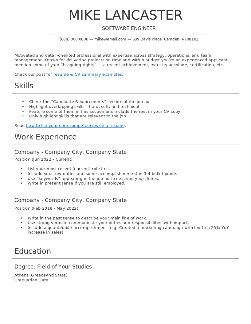 pro profile cv – anteprima